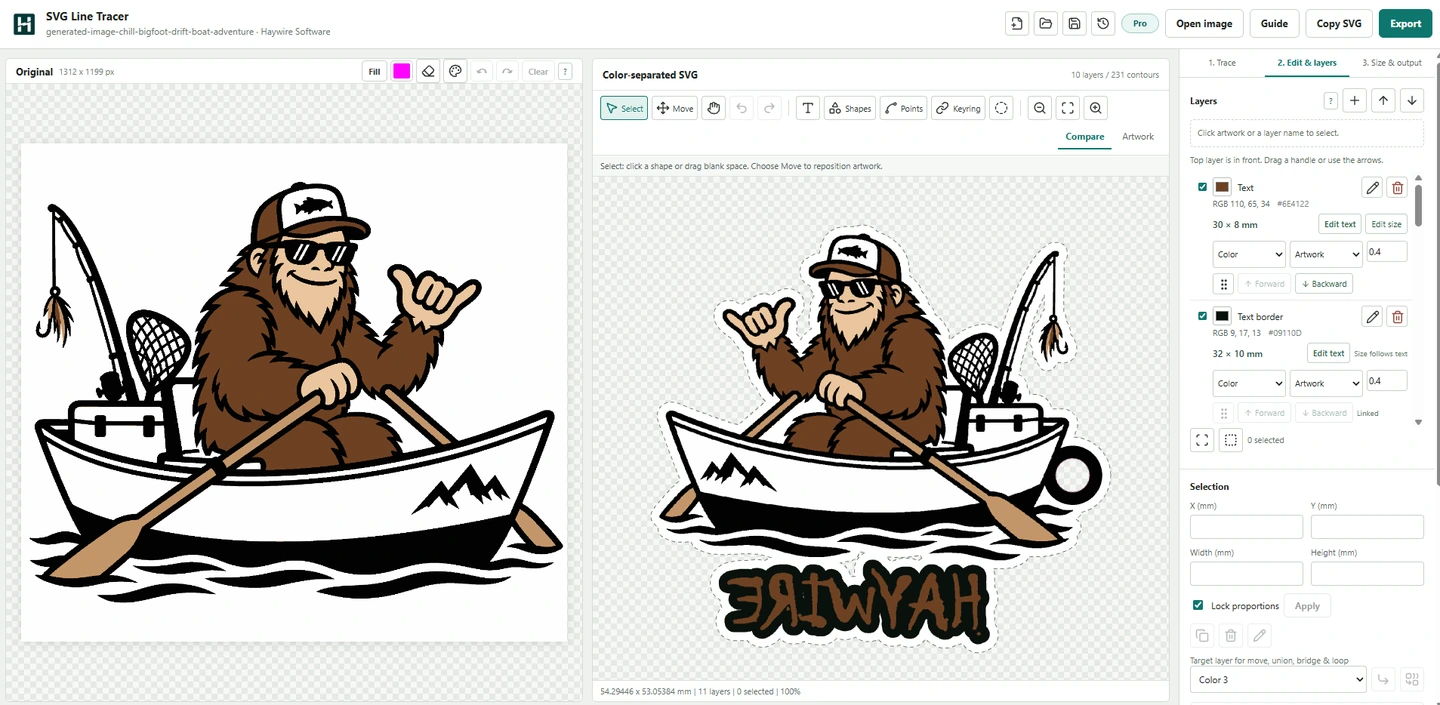 SVG Line Tracer workspace showing original Bigfoot artwork beside editable multicolor vector layers