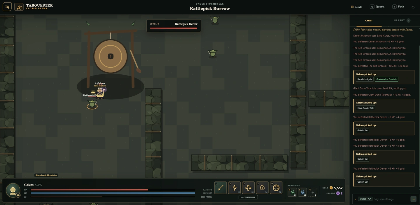 TabQuester gameplay showing a dungeon, player character, enemies, combat controls, and loot